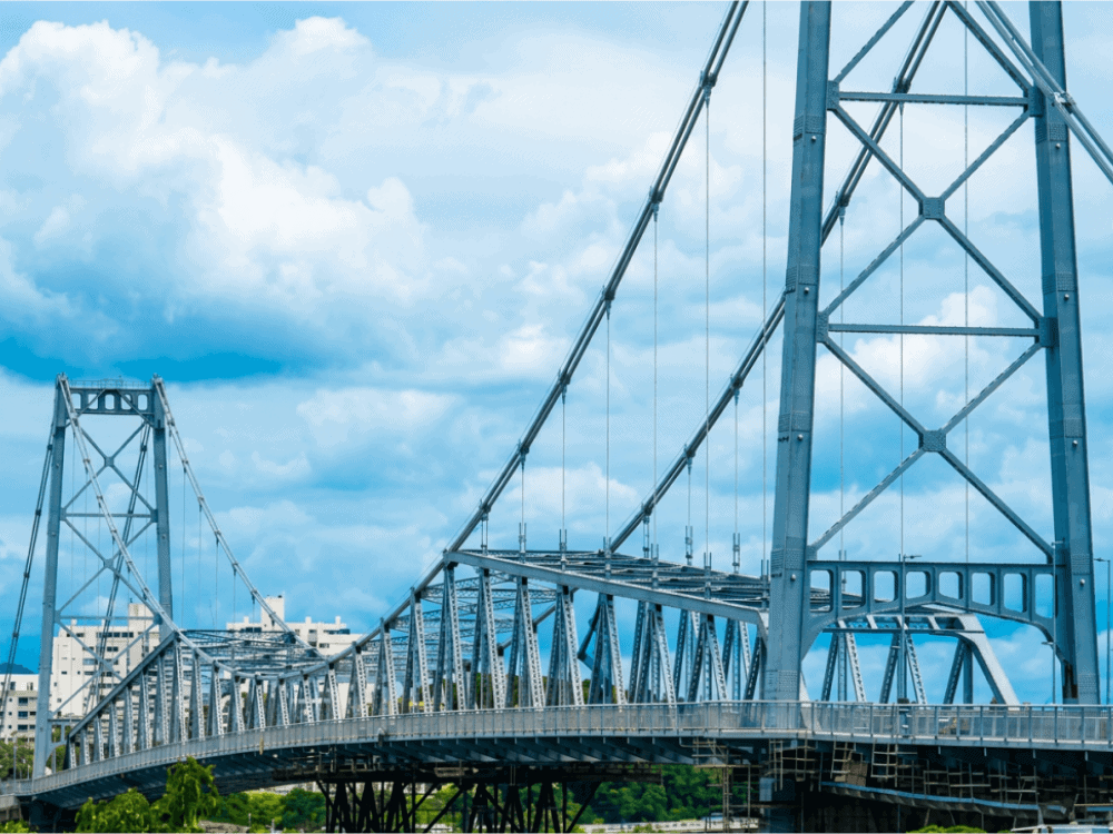 Estrutura metálica da Ponte Hercílio Luz vista de perto, com céu nublado e parte da cidade ao fundo em Florianópolis.