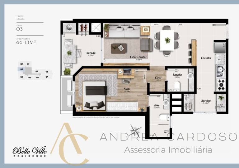 Apartamento à venda – 1 suíte com 66,43m² – Campinas – São José/SC.