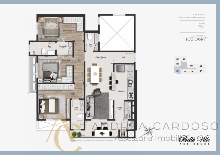 Apartamento à venda – 3 quartos sendo 1 suíte, 2 demi-suítes/Terraço – Campinas – São José/SC.