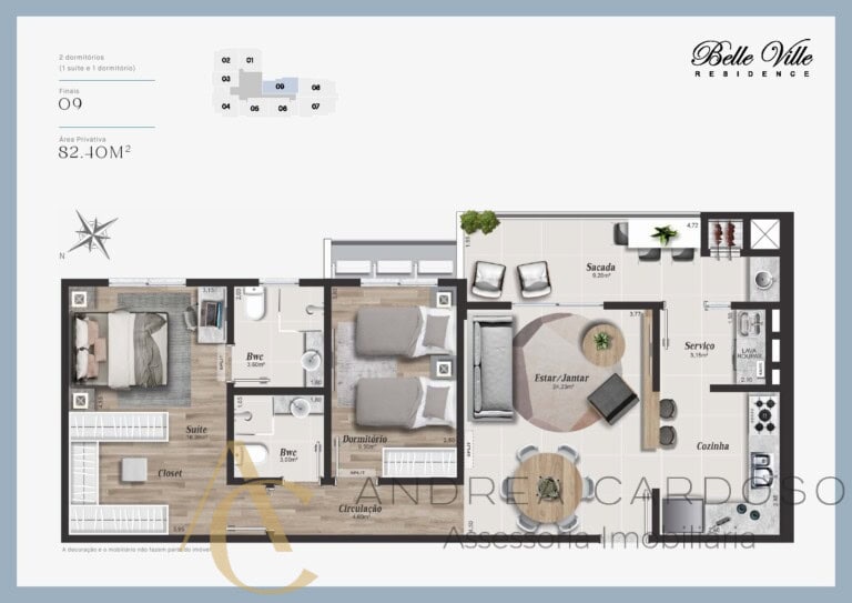 Apartamento à venda – 2 quartos sendo 1 suíte com terraço – Campinas – São José/SC.