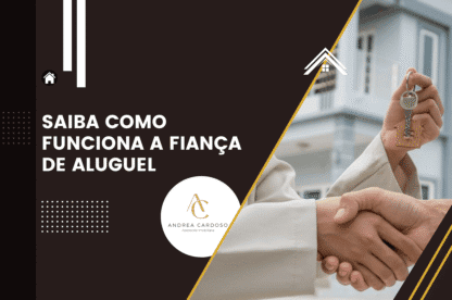 Banner ilustrativo com fundo escuro mostrando aperto de mãos e chave de imóvel, acompanhado do texto “Saiba como funciona a fiança de aluguel” e logotipo de assessoria imobiliária.