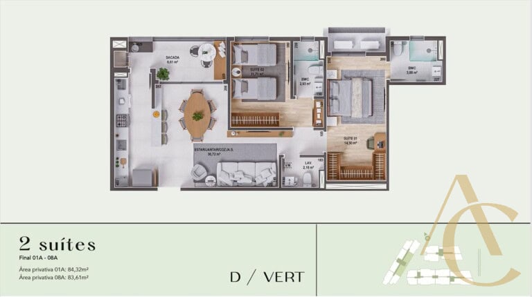 Apartamento à venda – 2 suítes – Praia Comprida, São José/SC.