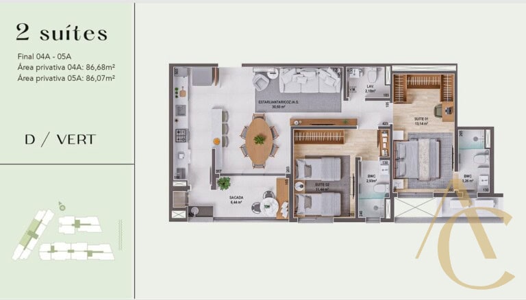 Apartamento à venda – 2 suítes – Praia Comprida, São José/SC.