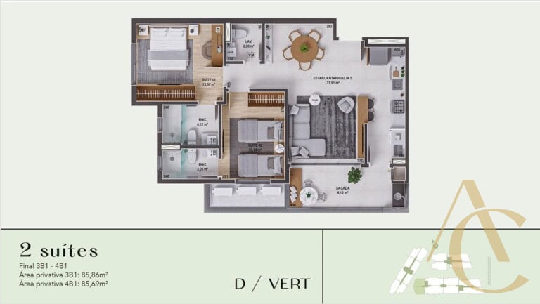 Apartamento à venda – 2 suítes – Praia Comprida, São José/SC.
