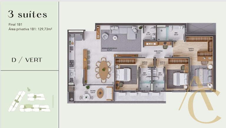 Apartamento à venda – 3 suítes c/ home office – Praia Comprida, São José/SC.