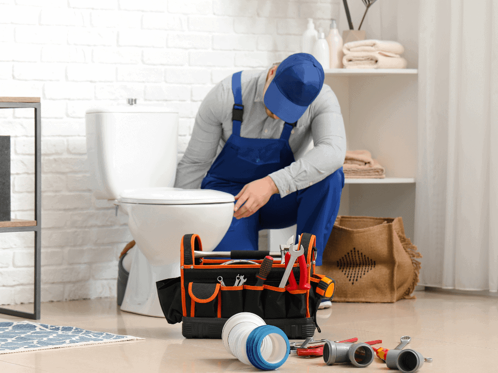 Profissional realizando manutenção em um banheiro, com ferramentas e materiais hidráulicos usados durante a reforma do imóvel.