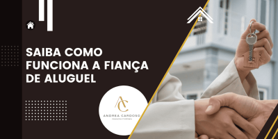 Banner ilustrativo com fundo escuro mostrando aperto de mãos e chave de imóvel, acompanhado do texto “Saiba como funciona a fiança de aluguel” e logotipo de assessoria imobiliária.