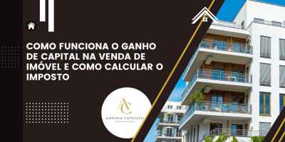 Capa de artigo sobre ganho de capital na venda de imóvel e cálculo do imposto, com foto de edifício residencial e identidade imobiliária.